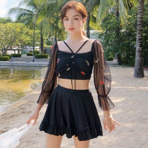 Korean Swimwear Women Plus Size Ruffle Plus Size Tankini 2021 Korean Swimsuit Beach Female Solid 2021 Style Bikini Skirt Black