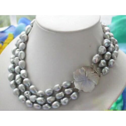 Beautiful 3 Row 10-11mm Gray Baroque Freshwater Cultured Pearl Necklace 17-19"