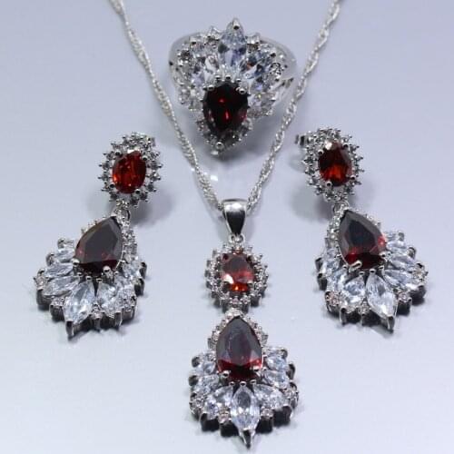 Manny Women Wedding Jewelry Set Silver Color Red Rhodolite White Crystal Earrings Ring Necklace Pendant Free Gift TZ271