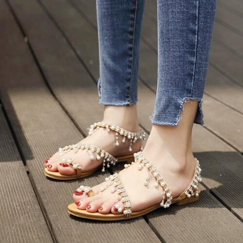 Fashion Rhinestone Women Sandals Ladies Bead Studded Detail Flat Sandals Fashion Peep Toe Casual Women Shoes