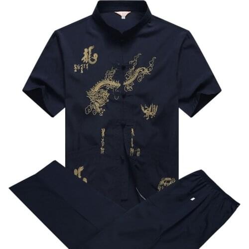Chinese Traditional Costumes Men Clothing Set Dragon Embroidery Shirt+trousers Kung Fu Wushu Tai Chi Outwear Tang Suit