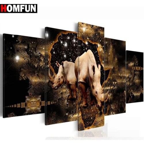 HOMFUN 5pcs Full Square/Round Drill 5D DIY Diamond Painting "rhinocero" Multi-picture Combination Embroidery 5D Decor A14837