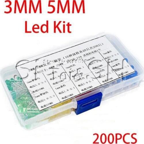200PC 3MM 5MM Led Kit Mixed Color Red Green Yellow Blue White Light Emitting Diode Assortment In Box