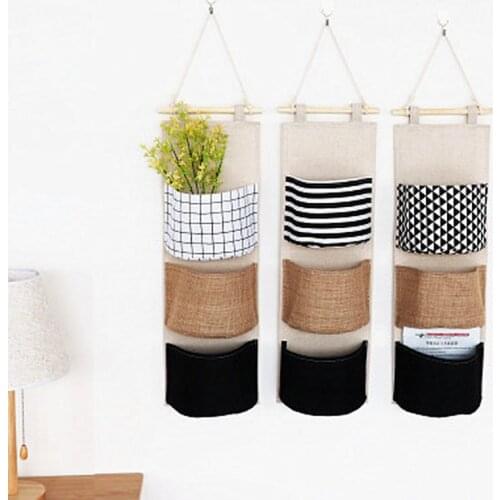 1Pcs Wall Mounted Home Space-saving Hanging Geometric Organizer Sundries Holder Simple Style of Cotton and Linen Storage Bags