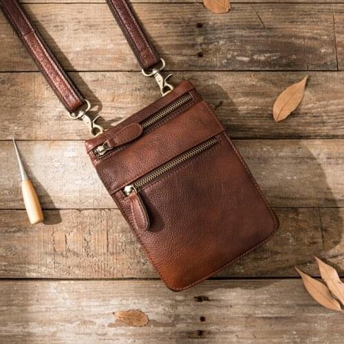 New Mobile Phone Waist Bag Chest Bag Retro Mens Shoulder Cross-body Bag Cross-body Mini Casual Mens Handmade Leather Vintage