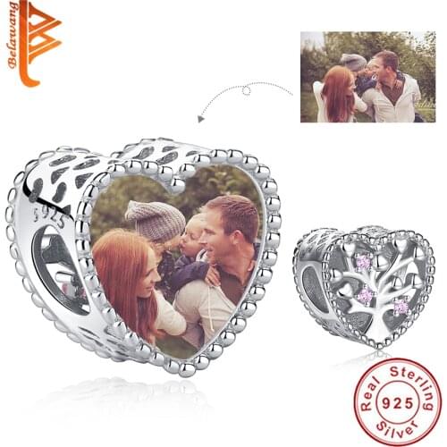 BELAWANG Wholesale 925 Sterling Silver Family Tree Beads Custom Photo Heart Charms Fit Original Bracelets Women Jewelry Making