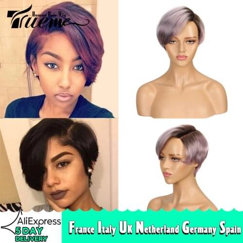 Trueme Lace Curved Part Short Human Hair Wigs Ombre 613 Blonde Purple Red 100% Remy Brazilian Hair Pixie Cut L Part Lace Wig