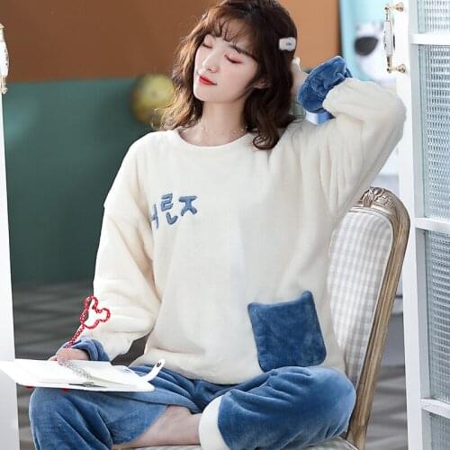 Women Pajama Set Warm Home Suit Winter Flannel Cartoon Pyjamas Long Sleeve Home Clothes For Women Sleepwear Velvet Lounge Pijama