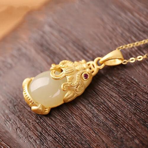 Natural Jade Hotian Jade Pendant Jade Pendant Ancient Gold Inlaid White Jade Womens Money Drawing and Evil Spirits Exorci