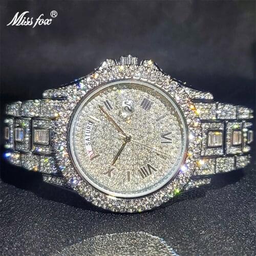 Relogio Masculino MISSFOX Luxury Ice Out Diamond Multifunction Date Adjust Auto Calendar Week Display Quartz Watches Droshipping