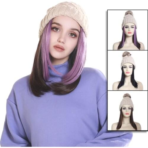 Hat with Hair Wig Short Straight Bob Hat Fall Knit Knitted Wigs Winter Beanies For Women Black Brown Two Strands Dyed 10 Inch