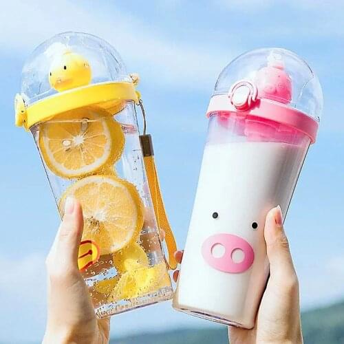 Animal Cute Mixing Water Bottle Creative Plastic Shaker Straw Water Bottles With Rope Portable Juice Drinking Cup For Gril Kids