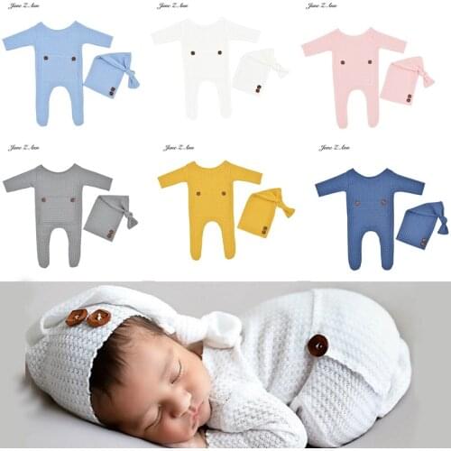 Newborn photography knitted jumpsuit long tail cap 2pcs set baby photoclothing twins outfits album studio shooting item
