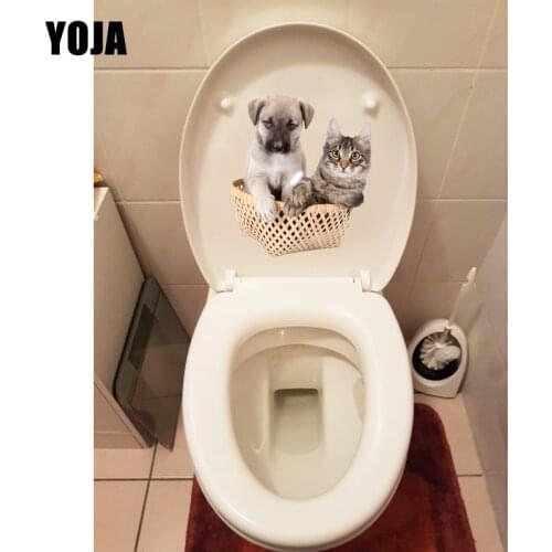 YOJA 19.4*22.1CM Cats And Dogs In Bamboo Baskets Animal Room Wall Decals Toilet Sticker T1-0270