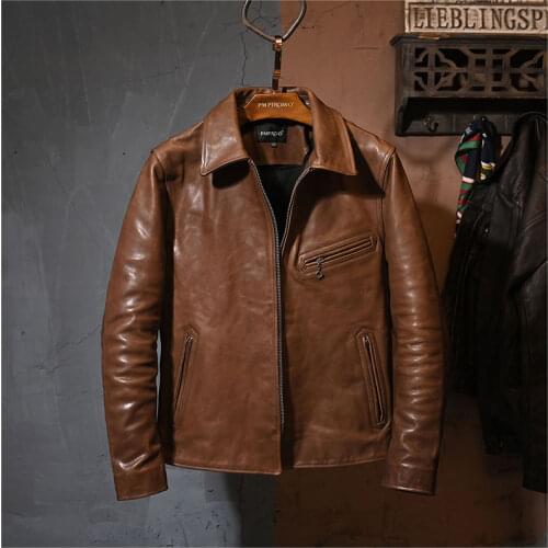 YR!Free shipping.vintage brown horsehide jacket.classic biker leather coat.high quality mens slim leather clothing