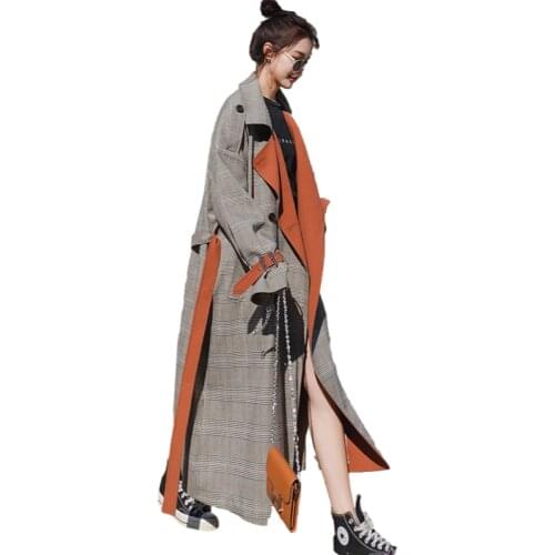 Womens Long Plaid Windbreaker 2021 Spring Autumn Plus Size Loose High Quality Cotton Material With Lining Fashion Coat Chic Belt