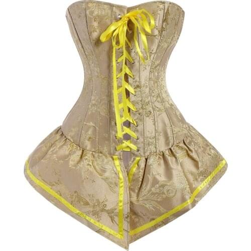 Womens Renaissance Palace Style Yellow Brocade Lace-up Corset Skirted Retro Bustier Overbust Corset tops Womens Lingerie