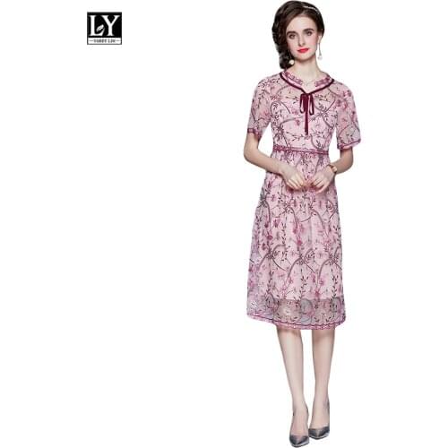 LY VAREY LIN Summer Women Elegant Embroidery Gauze V-neck Dresses Female Fashion High Waist Short Sleeve A-line Lady Long Dress