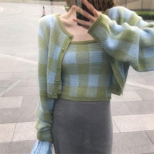 2Pcs/set ) Korean Fashion Plaid Knitted Cardigan + Checkered Vest Two-piece Set Blusa De Frio Feminina Sueters De Mujer