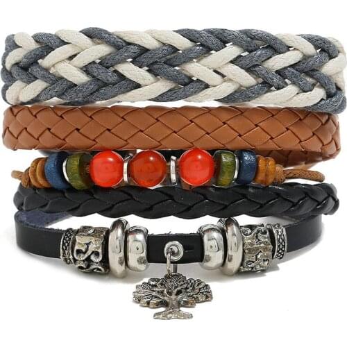3PCS Fashion Women Leather Bracelet Set Multilayer Tree of Life Wrap Bangle Braided Rope Beads Charm Wristband Rock Punk Jewelry