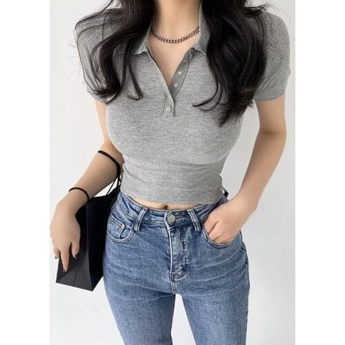 Gkfnmt 2021 Korean Solid Color T shirt Women Clothes Sexy Cotton Buttons White Female Short Sleeve T-Shirt Summer Tops Tee Shirt