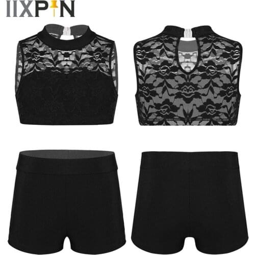 IIXPIN Kids Girls Ballet Clothes Athletic Outfit Sleeveless Floral Lace Tank Top with Bottoms Set for Ballet Dance Gym Workout