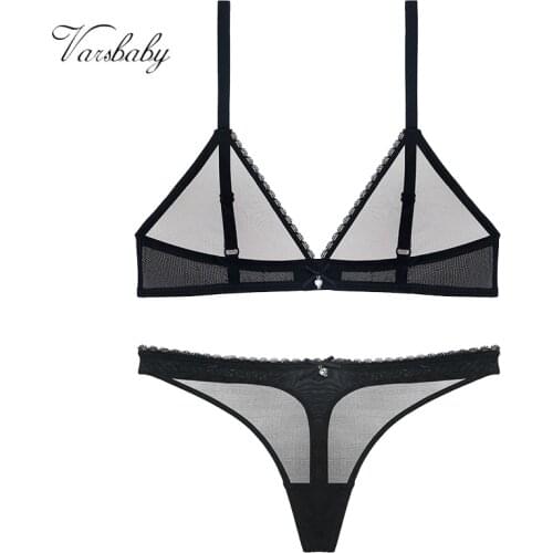 Varsbaby sexy hollow yarn lingerie set deep V see-through bow transparent bra and thongs set