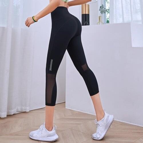 Summer Womens Cropped Trousers, Mesh Stitching, Quick-drying, Hip-lifting, Tight-fitting Running Fitness Leggings