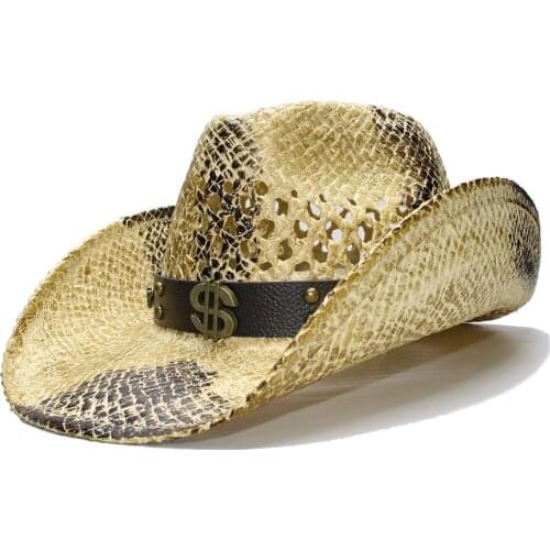 LUCKYLIANJI Retro Womens Mens Summer Straw Beach Wide Brim Cowboy Western Cowgirl Hat Hollow Dollar Sign Leather Band(Adjust)