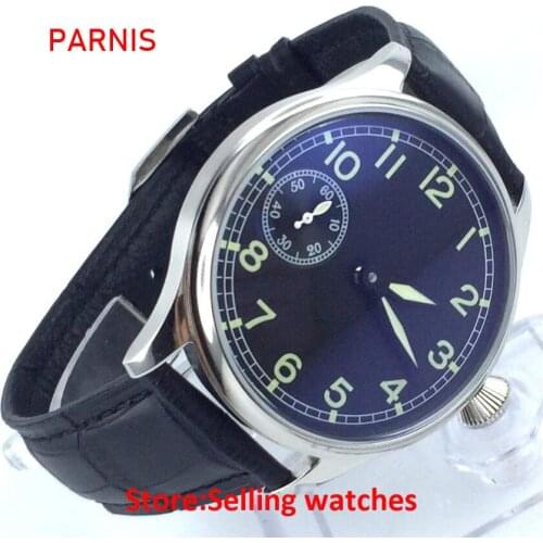 Classic 44mm parnis black dial big crown hand winding 6497 mens watch