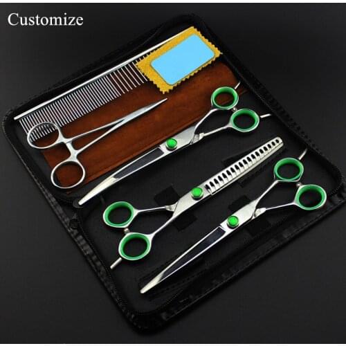 Customize 5 kit Japan 440c 7 inch green Pet dog grooming hair scissors dog thinning shears cutting barber hairdressing scissors