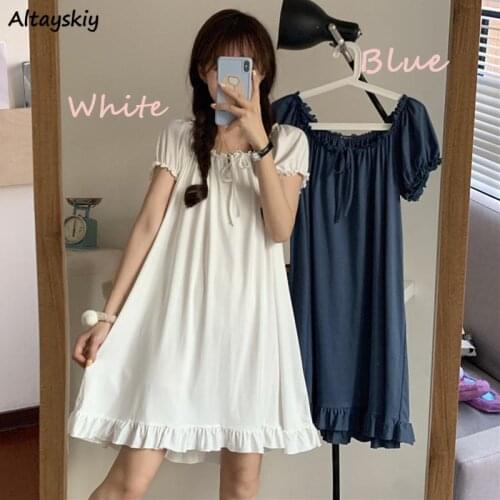 Nightgowns Women Summer Ruffles Lovely Girls Solid Nightwear Knee-length Womens Kawaii Sweet Bow Tie Loose Casual Home Wear Soft