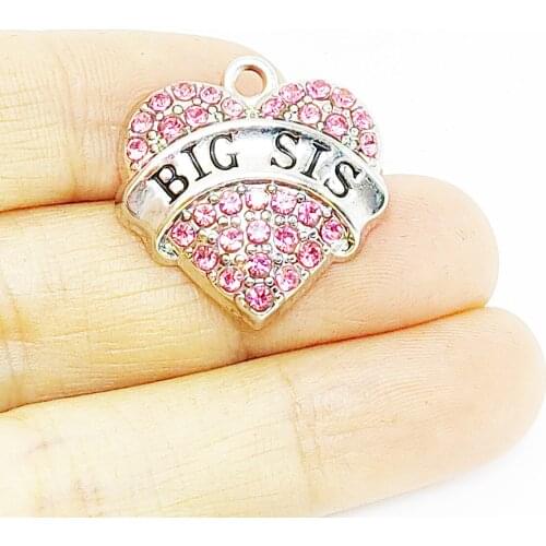 BULK 10pcs Lots Big Sister Heart Crystal Charms Birthday Gift for Girls Zinc Alloy Pendant for Necklace 20*20mm 3g