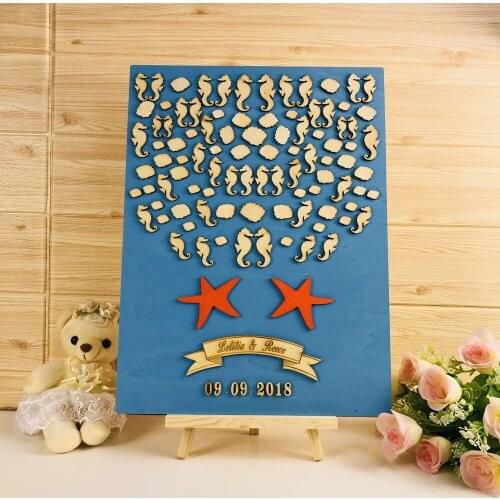 Custom name and date Wedding Wooden Guest Book ,Seahorse and star with shells are decorated on the Guest Book, Unique Guest Book