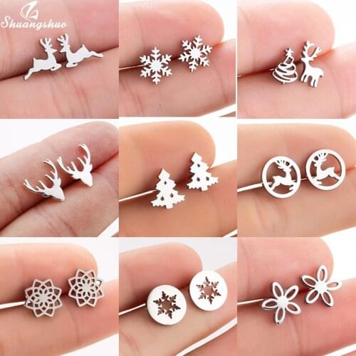 Stainless Steel Deer Elk Snowflake Christmas Earrings Small Christmas Stud Earings New Year Gift for Women Girls Kids oorbellen