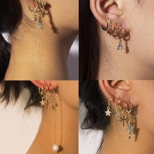 Boho Gold Color Mix Design Crystal Ear Hoops Simple Circle Cross Moon Star Triangle Pendant Earrings Alloy Trendy Ear Jewelry