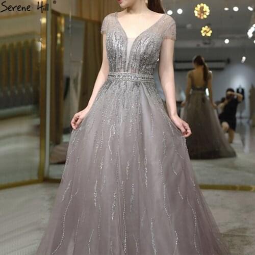 Serene Hill Grey A-Line V-Neck Evening Dress 2020 Dubai Short Sleeves Beading Sexy Formal Party Wear Gown CLA70532