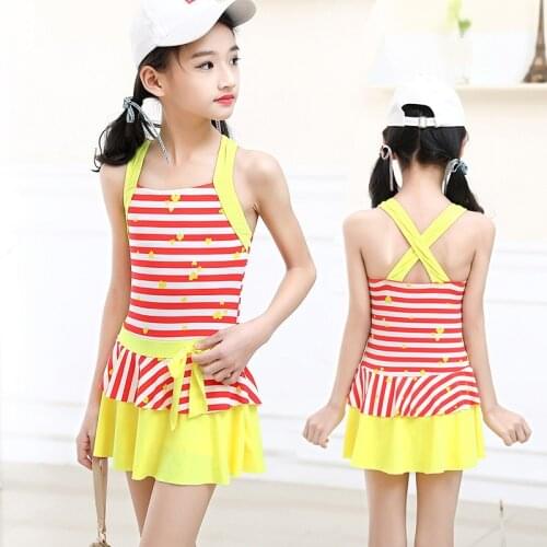 2021 New Korean Girl One- Piece Skirt Swimsuit Striped Medium and Large Children 's Baby Hot Spring Swimsuit Купальник