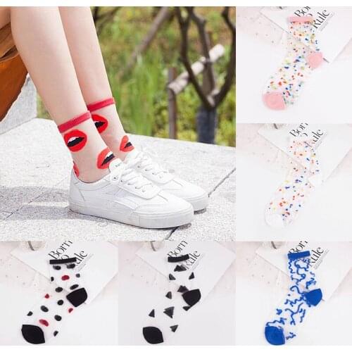 Korean Style Spring Summer Ultra-thin Silk Socks Women Harajuku Transparent Glass Silk Printing Dots Wavy Pattern Thin Sock