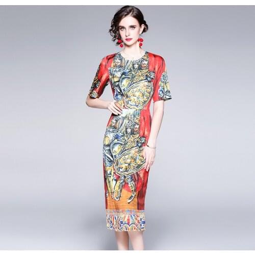 2021 Summer Womens Dress European Casual Style Round Neck Print Short Sleeve Dress New Waist Female Slim Dresses X453