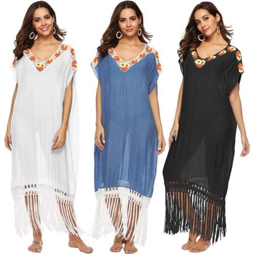 Crochet Beach Cover Up Women Beach Dress Tassels Patchwork Beachwear Swimsuit Cover Up Woman Sarong Tunic Honeymoon Beach Dress
