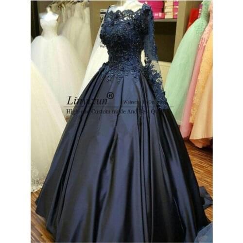 2020 Navy Blue Long Sleeve Evening Gowns Beaded Embroidery Lace Ball Gown Prom Dresses Stain Appliques robes de soiree