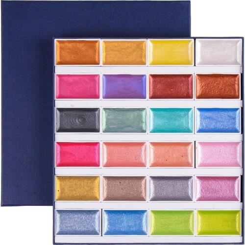 24 Colors Solid Watercolor Paint Set Pearl Pigment Glitter Shiny Metallic Water Color Painting Box Professional Art Supplies