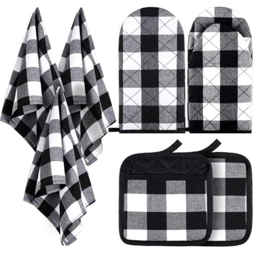 7 Pcs Check Dish Towels Pot Holders Oven Mitts Non-Slip Heat Resistant Oven Mitts and Pot Holders for Cooking Grilling