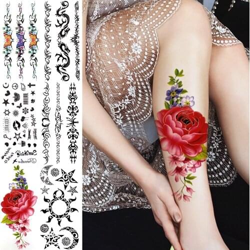 Watercolor Large Rose Flower Temporary Tattoos For Women Men Butterfly Sun Dragon Totem Fake Tattoo Sticker Waterproof Tatoo