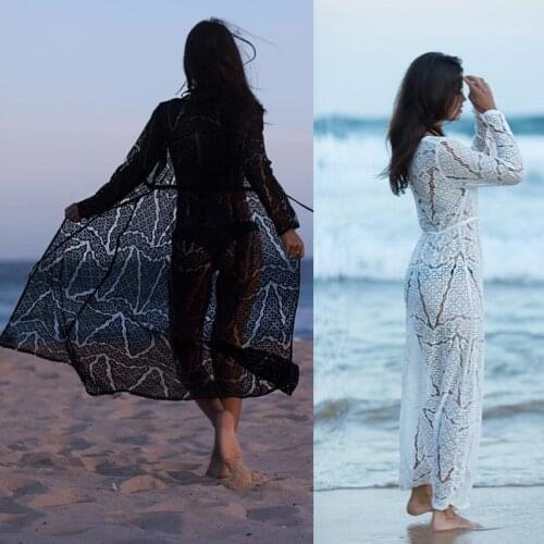 Hollow Out Lace Bikini Cover Up Summer White Sexy Sheer Robe Tunic Beach Dress Brasilian Swimming Suit Cover Ups for Women Black