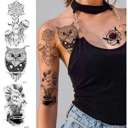 Baofuli Pirate Boat Waterproof Temporary Owl Sticker Black Triangle Rose Henna Tattoo Jellyfish Body Arm Fake Tatoos Geometric