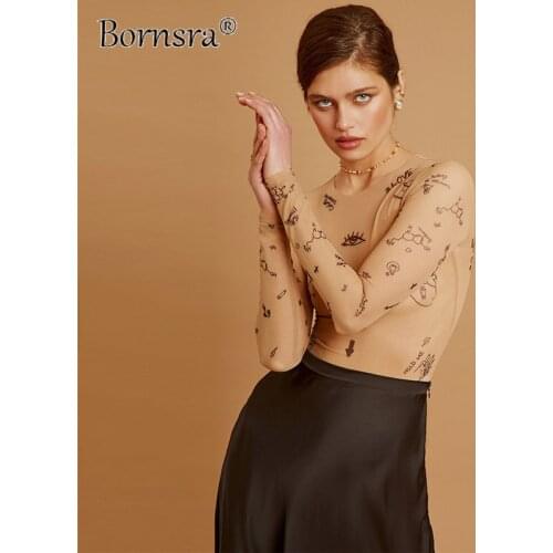 Bornsra 2021 Summer New Women Rompers Round Neck Long-sleeved Fashion Mesh See-through Sexy Slim Womens Rompers
