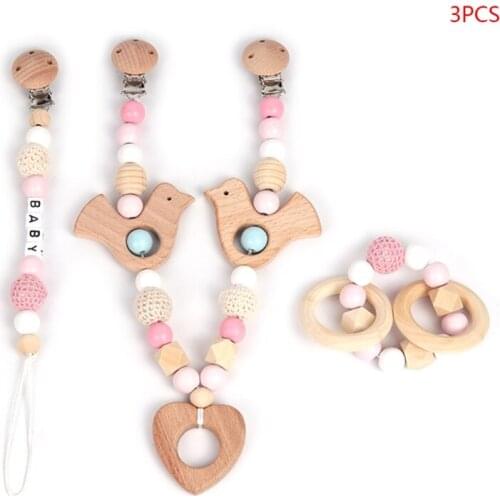 3 Pcs/Set Baby Pram Pendant Rattle Pacifier Chain Clip Bracelet Infants Shower Gifts Wooden Teether Nursing Chewing Toys