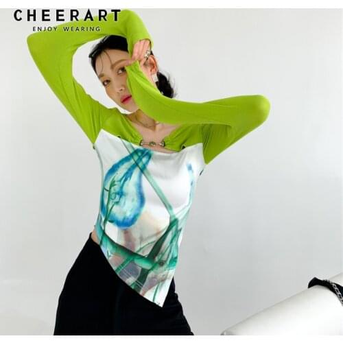 CHEERART Green Patchwork Asymmetrical Top Long Sleeve T Shirt Women Metal Button Tee Shirts Designer Tshirt Korean Fashion